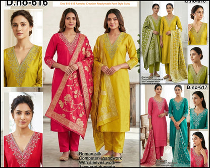 Dno 616-618 Ramdev Creation Roman Silk Readymade Pant Style Suits Wholesaler India