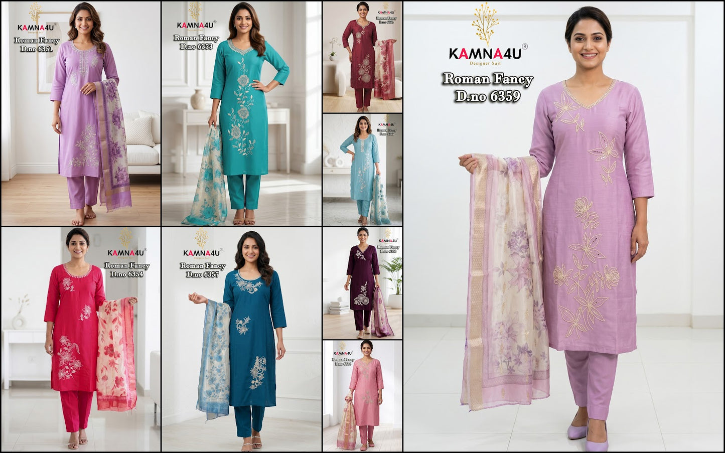 Dno 6351-6359 Kamna4U Roman Readymade Pant Style Suits Wholesaler Ahmedabad