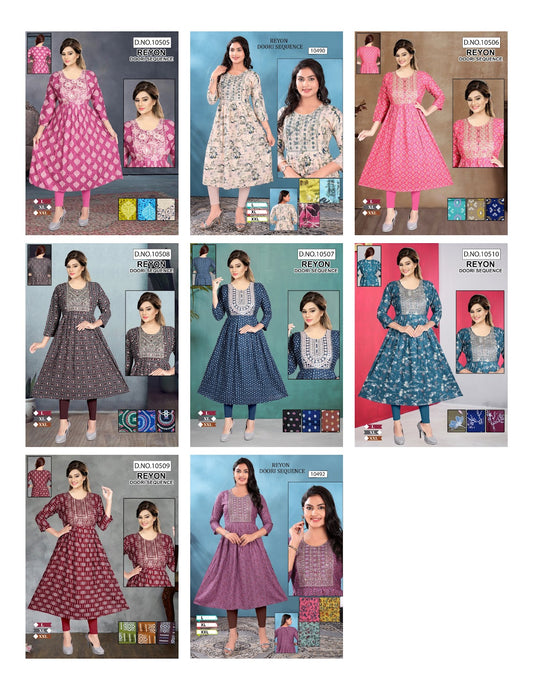 Dori Sequence 161024 Mmc Reyon Anarkali Kurtis Supplier Ahmedabad