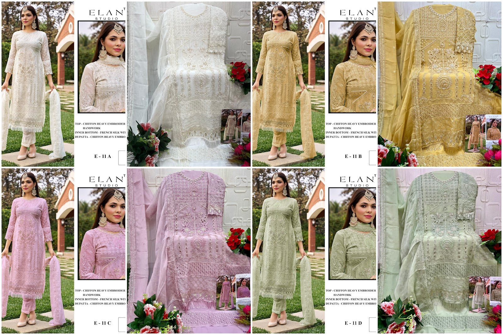 E 11 Elan Studio Chiffon Pakistani Salwar Suits Supplier India