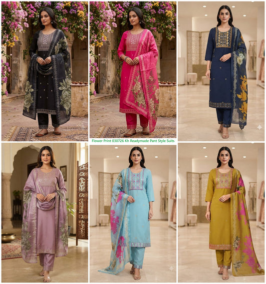 Flower Print 030726 Kh Roman Silk Readymade Pant Style Suits Wholesale Price