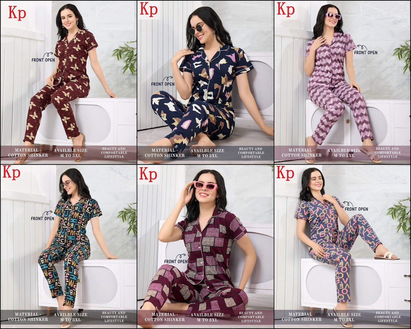 Front Open 200626 Kp Cotton Collar Night Suits Wholesaler India