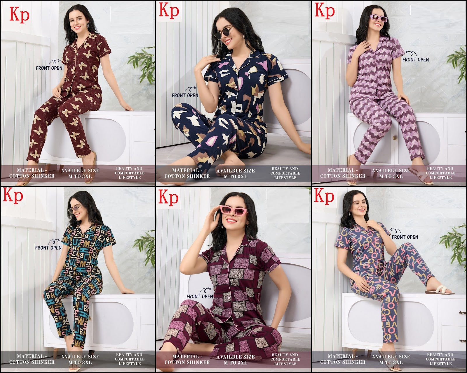 Front Open 200626 Kp Cotton Collar Night Suits Wholesaler India