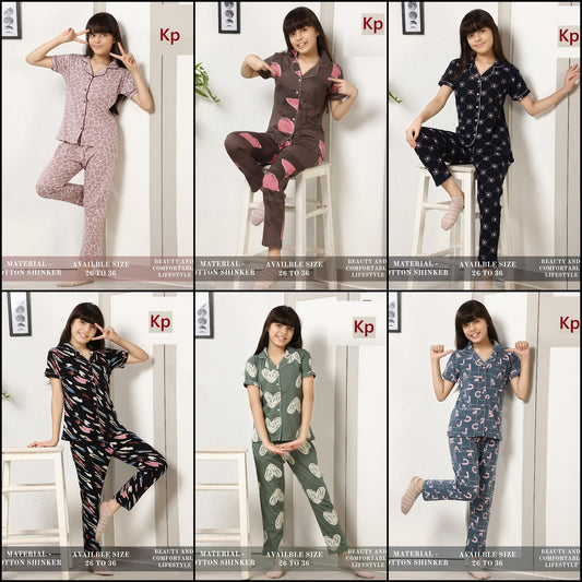 Front Open 3007 Kp Cotton Girls Night Suits Supplier India