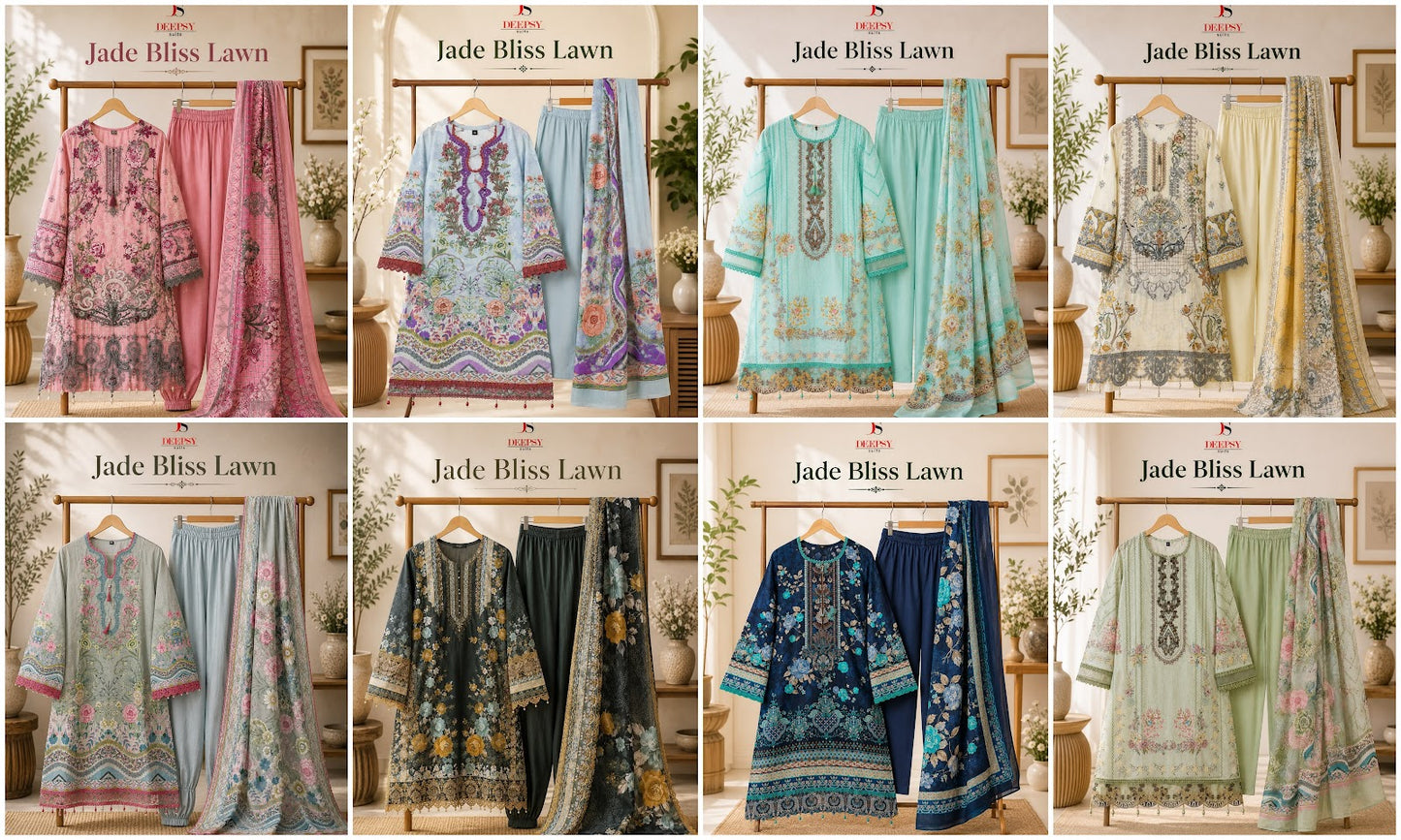 Jade Bliss Lawn Deepsy Cotton Pakistani Readymade Suits Wholesaler Ahmedabad