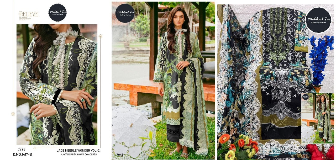 Jade Needle Wonder 21-1417 Mehboob Tex Cotton Pakistani Patch Work Suits Supplier