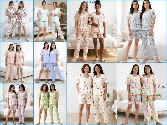 Korean 3 Piece Koleyti Cotton Shorts Pyjama Night Suits Manufacturer Ahmedabad