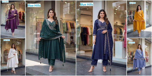 Kriti Blue Hills Roman Silk Readymade Anarkali Suits Exporter India