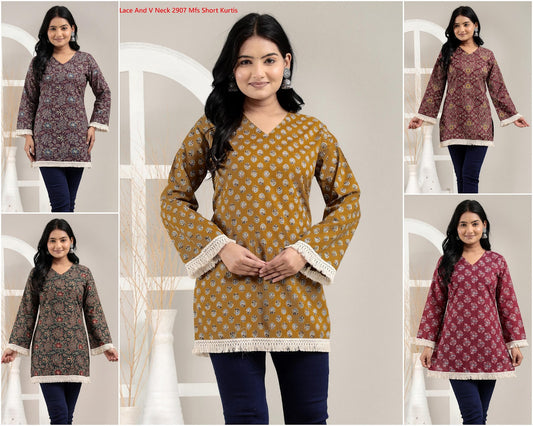 Lace And V Neck 2907 Mfs Cotton Short Kurtis Exporter