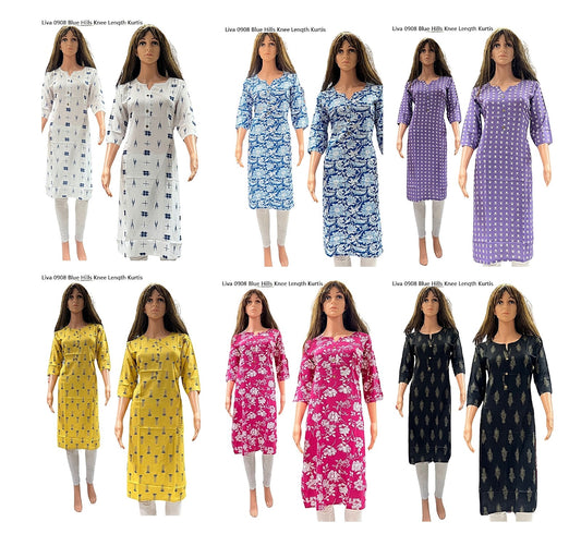 Liva 0908 Blue Hills Rayon 14Kg Knee Length Kurtis Wholesale Price