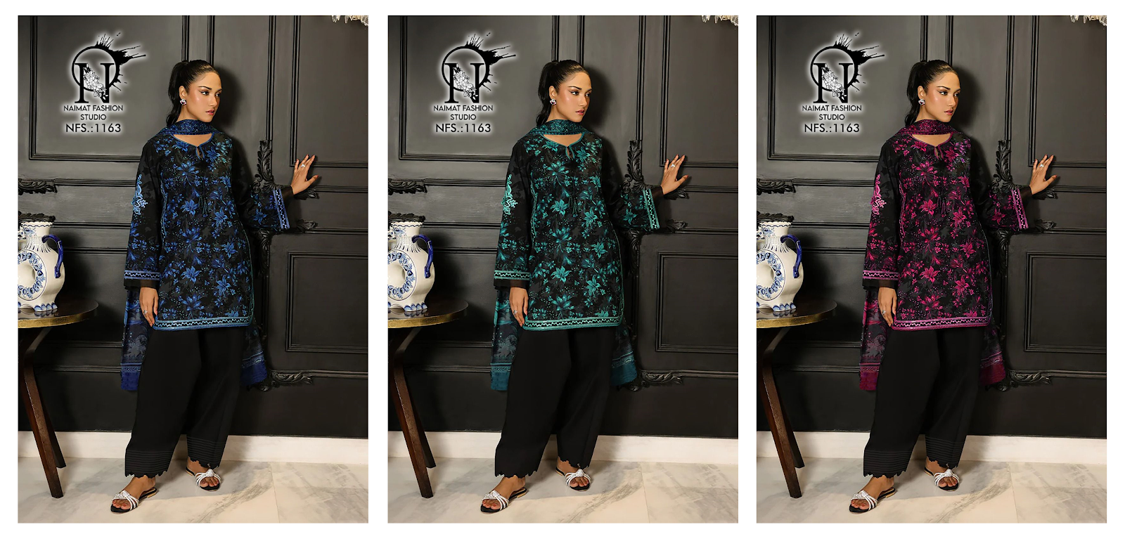 Nfs 1163 Naimat Fashion Studio Satin Pakistani Readymade Suits Wholesale Rate