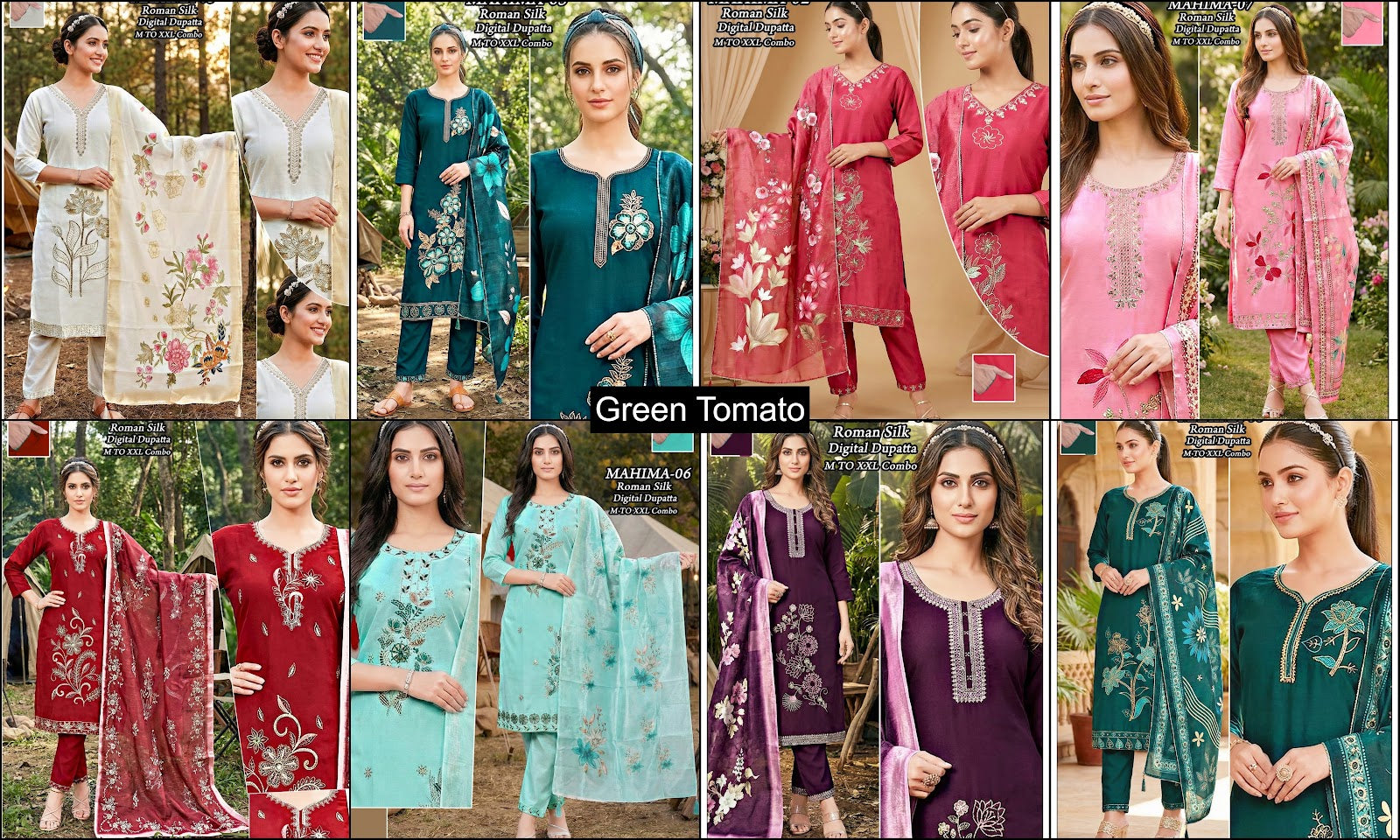 Mahima Green Tomato Roman Silk Readymade Pant Style Suits Exporter Gujarat