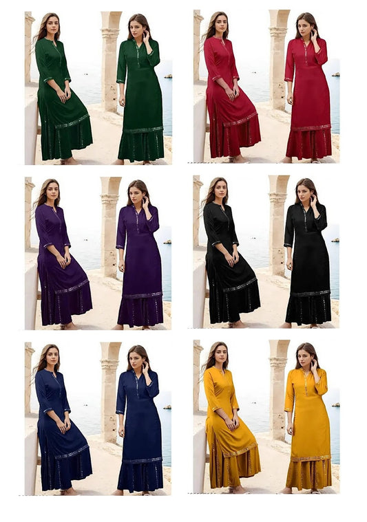 Mirror Work 0808 Salas Rayon 14Kg Kurti Sharara Set Wholesale