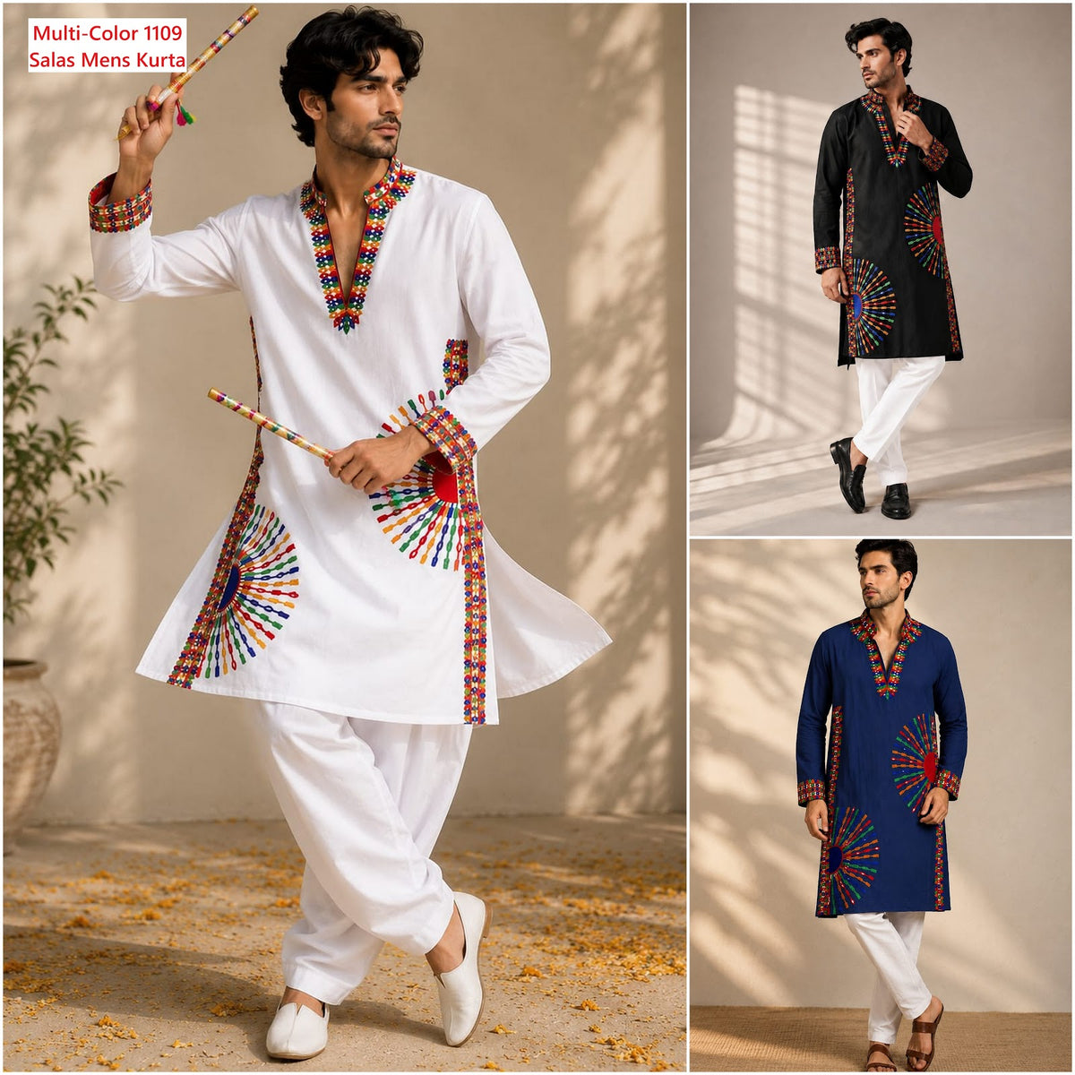 Multi-Color 1109 Salas Roman Silk Mens Kurta Wholesaler Gujarat