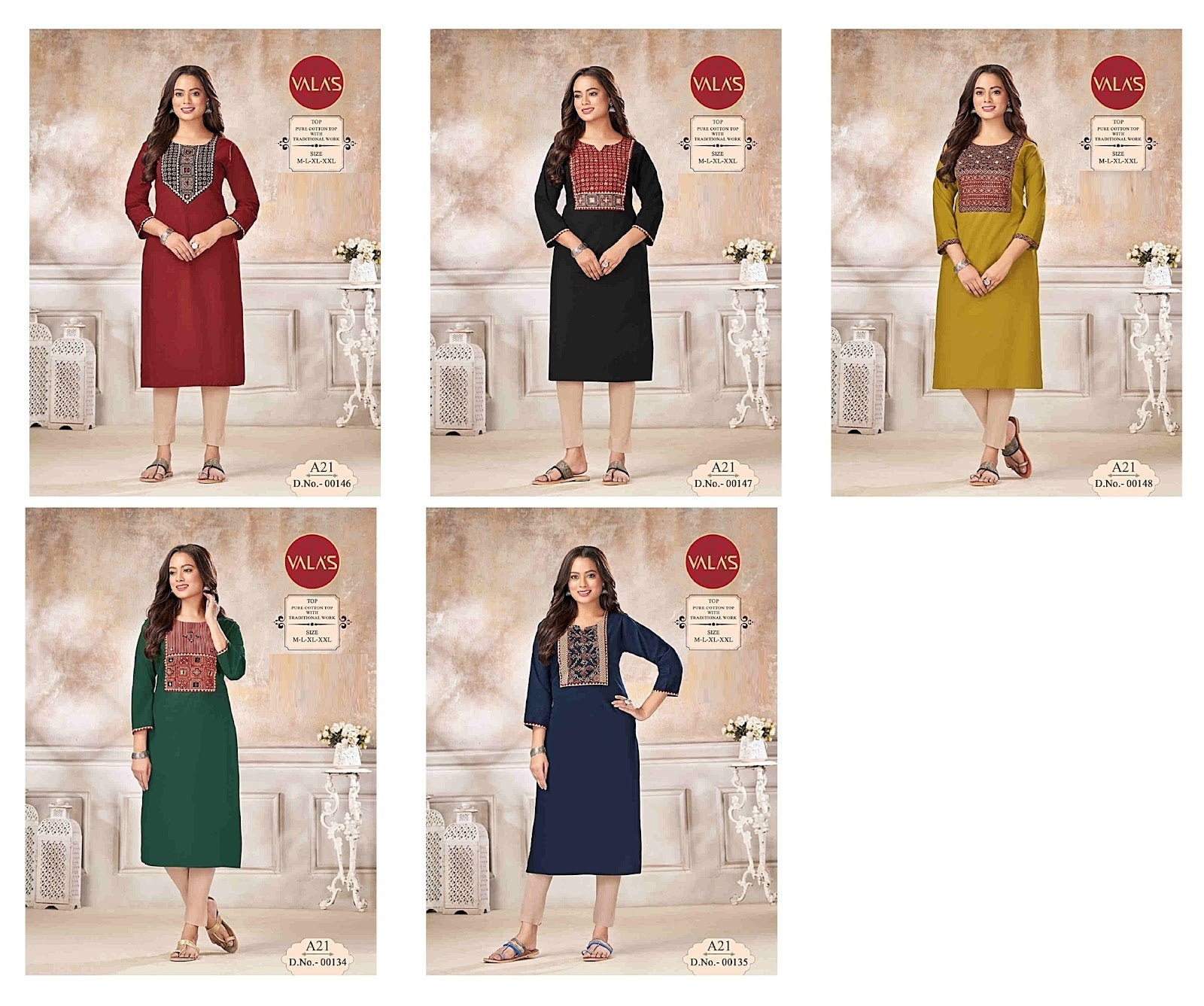 Neck Work 2406 Valas Pure Cotton Knee Length Kurtis Supplier Gujarat