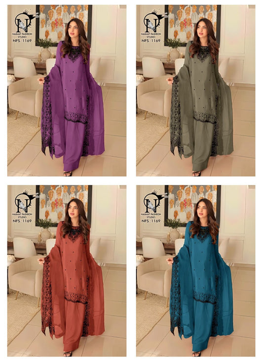 Nfs 1169 New Colors Naimat Fashion Studio Satin Pakistani Readymade Suits Supplier