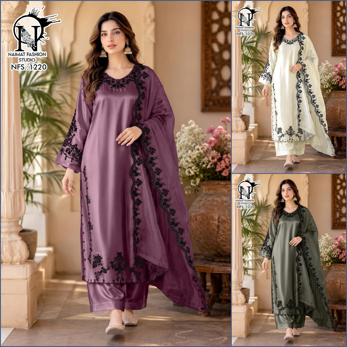Nfs 1220 Naimat Fashion Studio Satin Pakistani Readymade Suits Wholesale