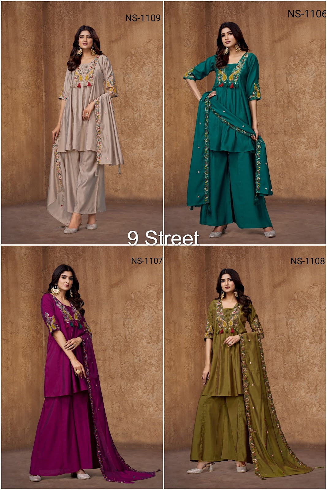 Ns 1106-1109 9 Street Roman Readymade Plazzo Style Suits Supplier