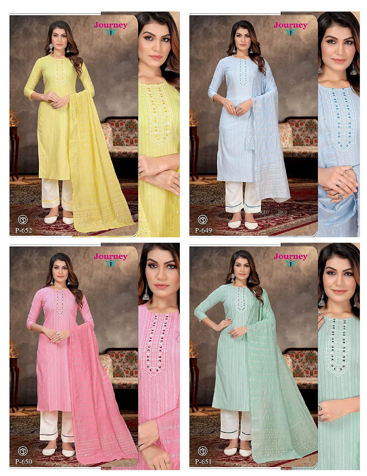 P 649-652 Journey Design Cotton Readymade Pant Style Suits Wholesale Price