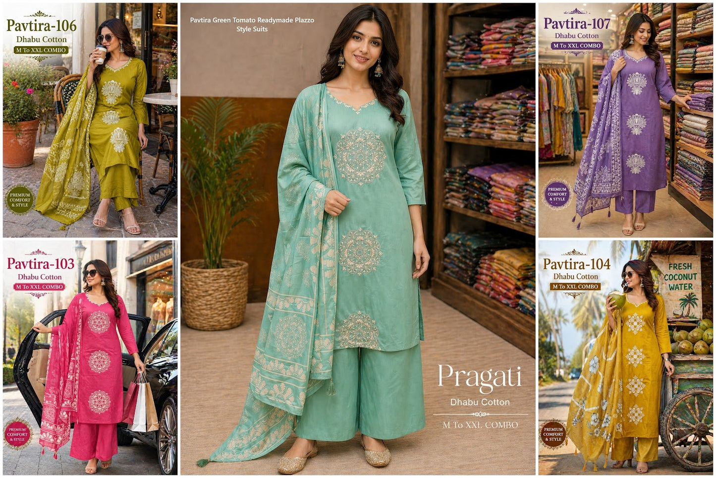 Pavtira Green Tomato Dhabu Cotton Readymade Plazzo Style Suits Supplier