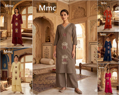 Peach Flower Mmc Cotton Kurti Plazzo Set Wholesale Price