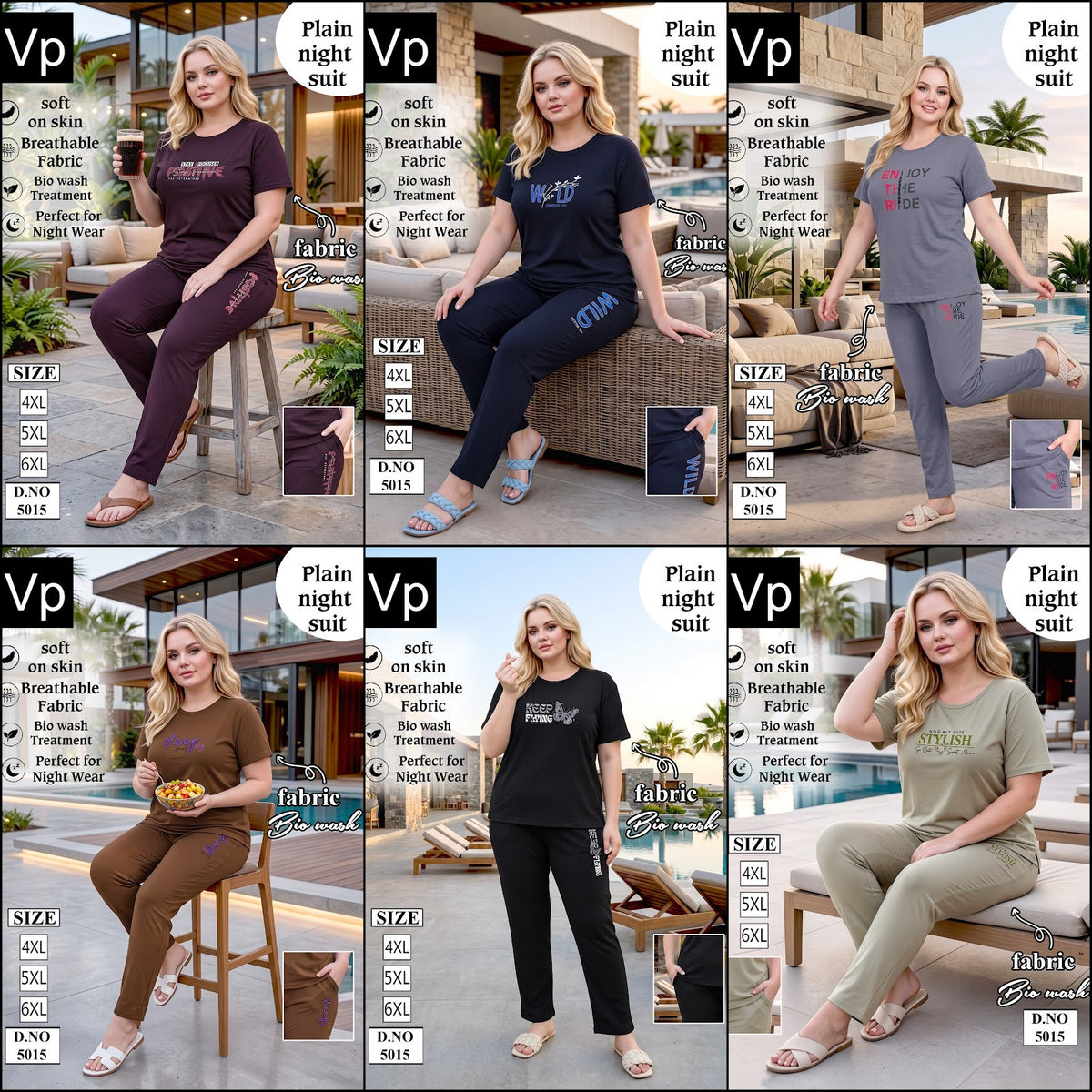 Plain Plus Size 5015 Vp Biowash Pyjama Night Suits Supplier
