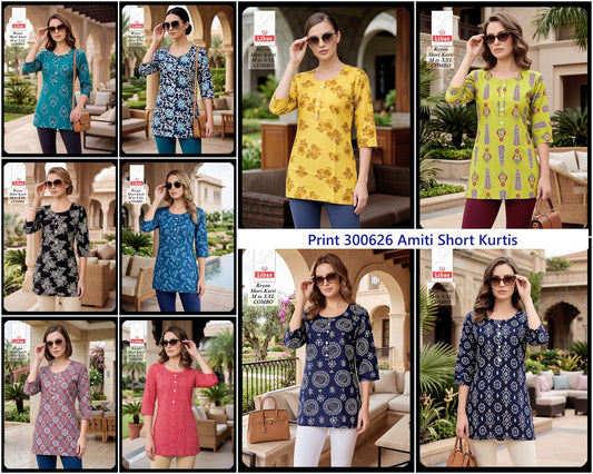 Print 300626 Amiti Cotton Rayon Short Kurtis Manufacturer Ahmedabad