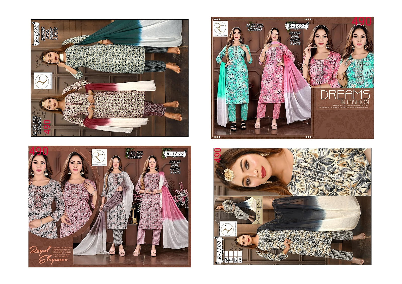 R 1697 - 1700 Ramdev Creation Rayon Foil Readymade Pant Style Suits Supplier