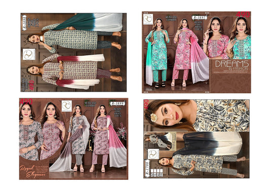 R 1697 - 1700 Ramdev Creation Rayon Foil Readymade Pant Style Suits Supplier