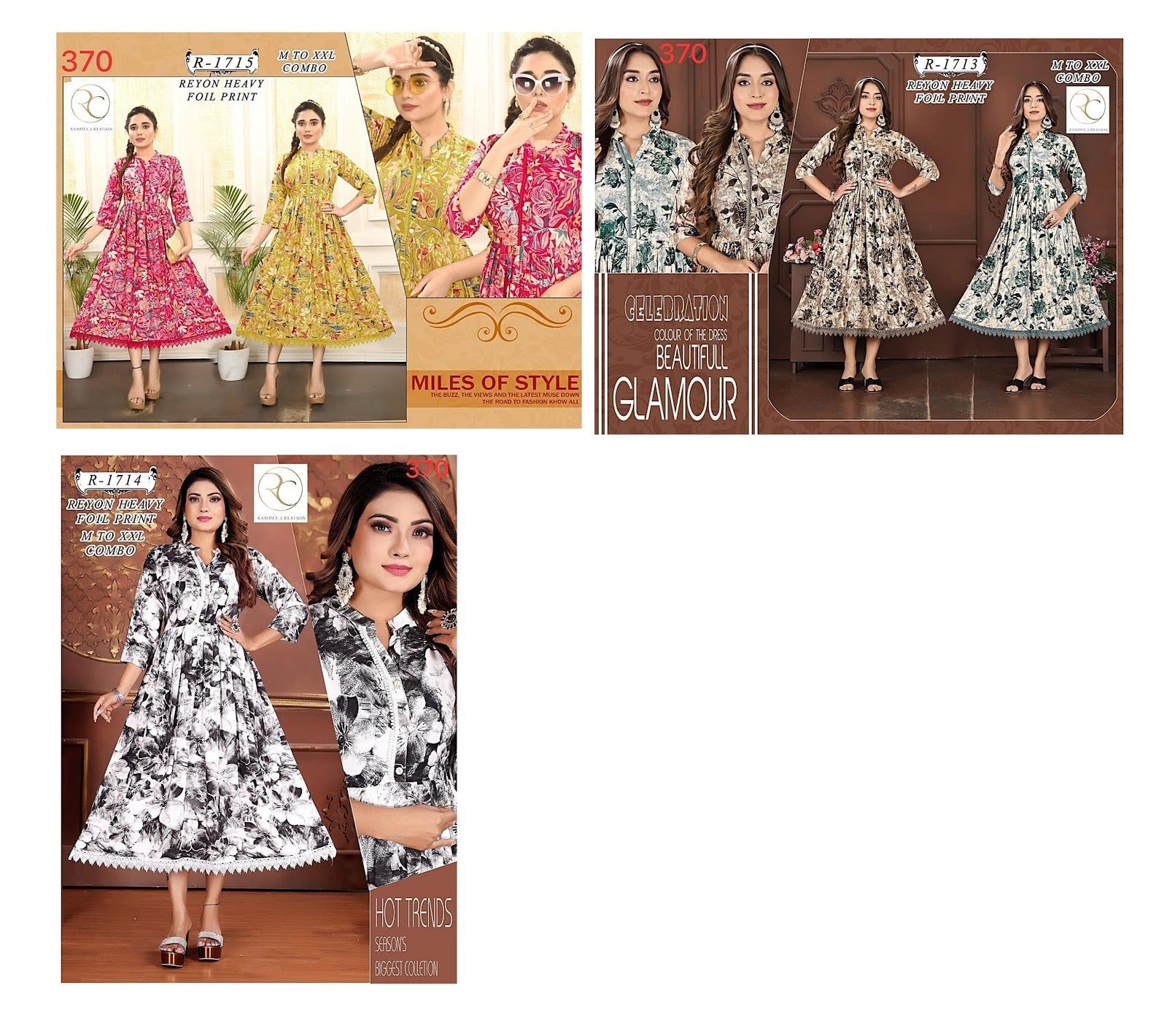 R 1713 - 1715 Ramdev Creation Rayon Foil Anarkali Kurtis Manufacturer