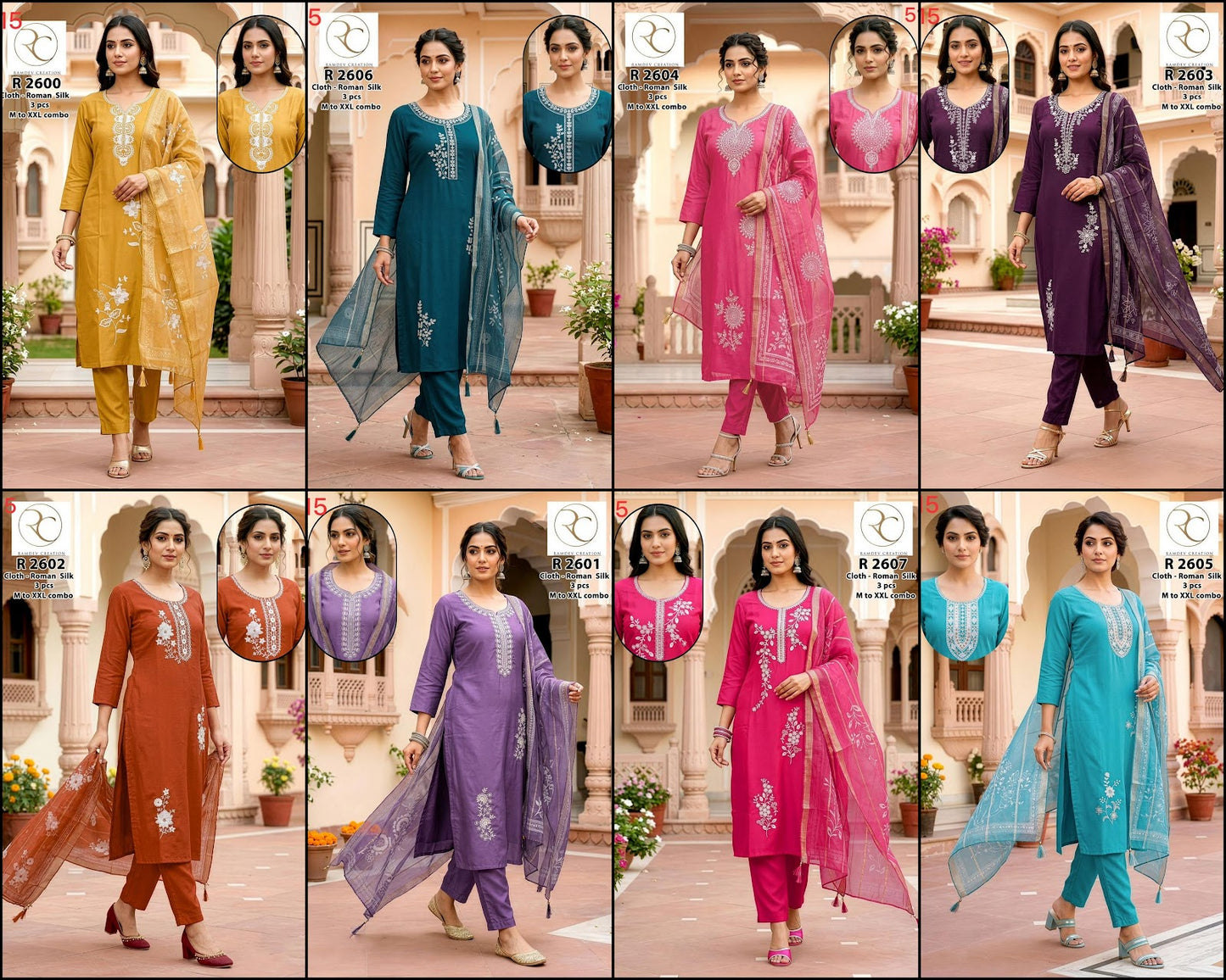 R 2600-2607 Ramdev Creation Roman Silk Readymade Pant Style Suits Wholesale Price