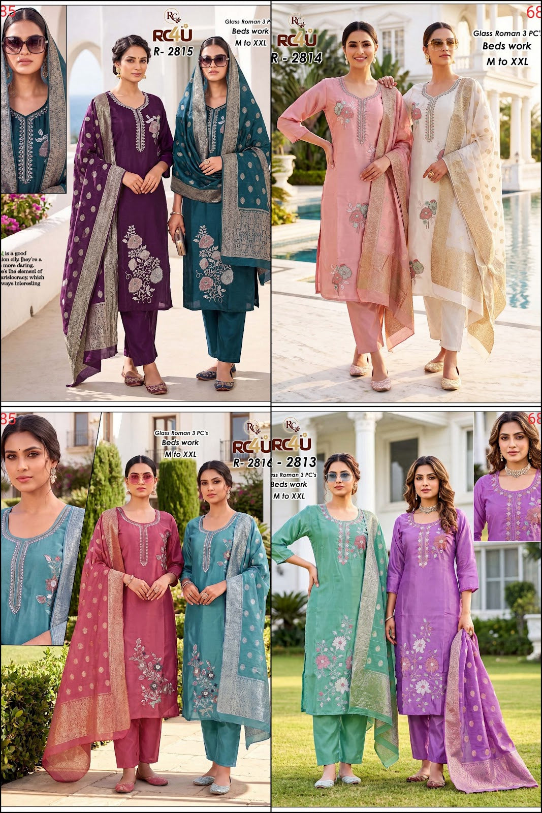 R 2813-2816 Glass Roman Ramdev Creation Readymade Pant Style Suits Wholesale Price