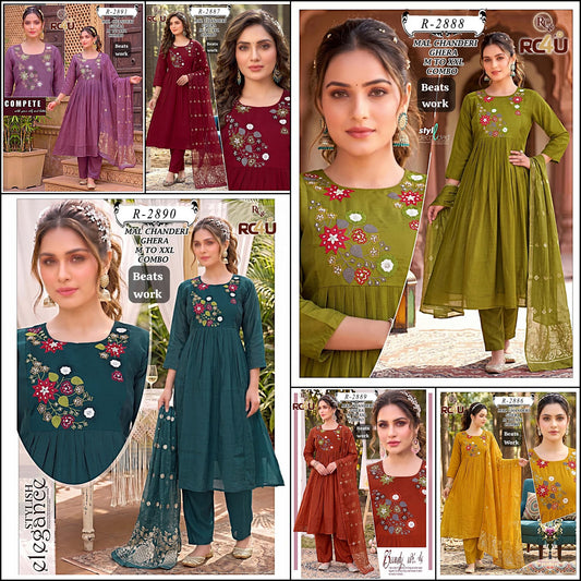 R 2887-2891 Beats Work Ramdev Creation Chanderi Readymade Anarkali Suits Supplier India