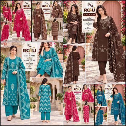 R 3044-3049 Ramdev Creation Dhabu Cotton Readymade Pant Style Suits Wholesaler India