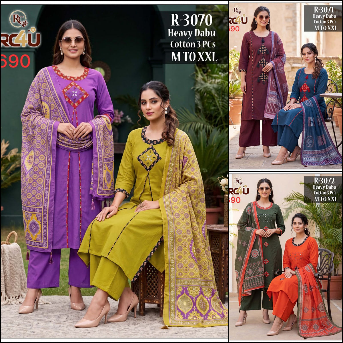 R 3071-3072 Ramdev Creation Dhabu Cotton Readymade Pant Style Suits Wholesaler Ahmedabad