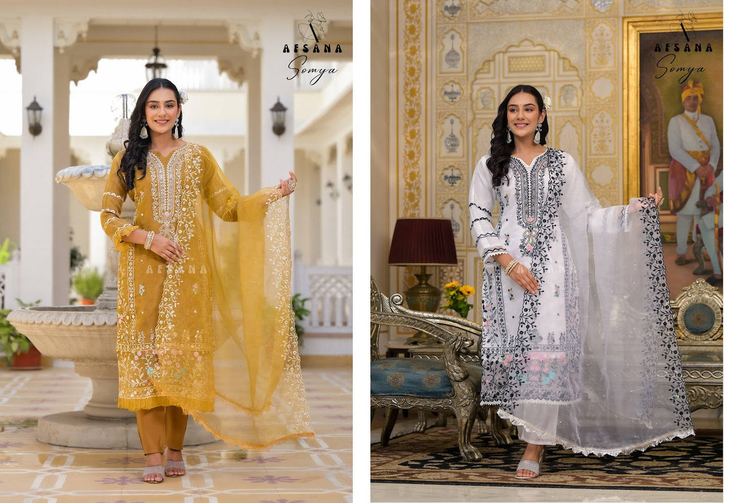 Somya White-Yellow Afsana Organza Pakistani Readymade Suits Wholesale Price