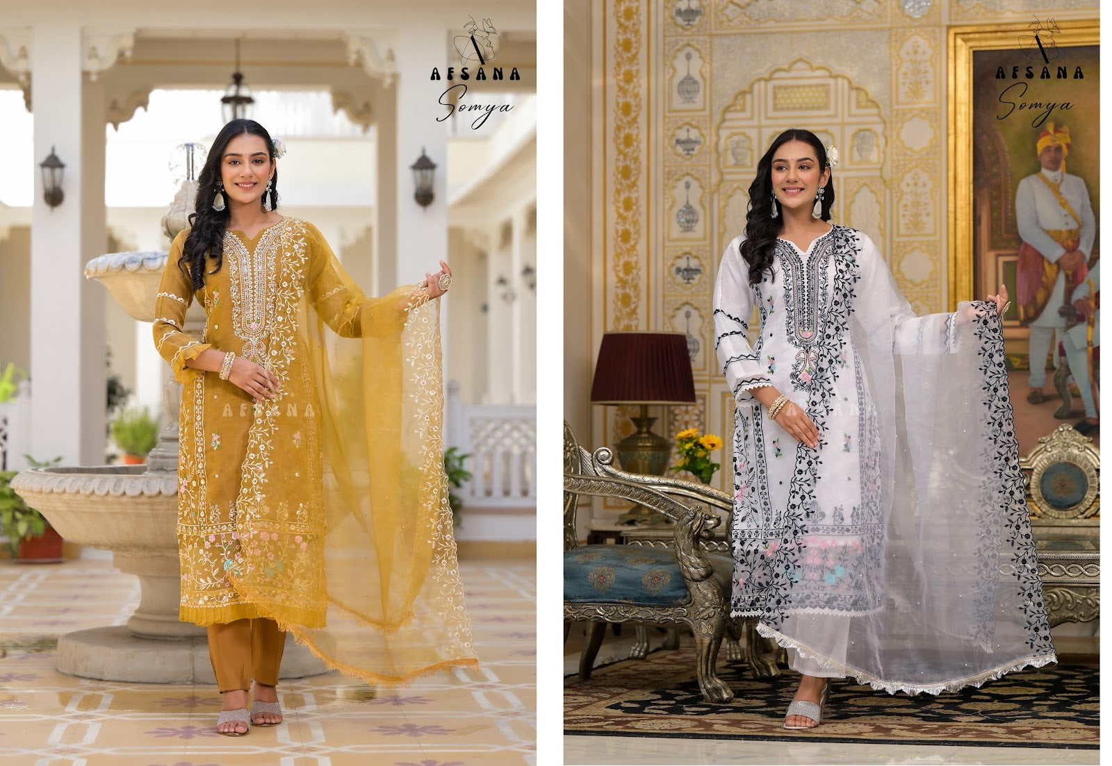 Somya White-Yellow Afsana Organza Pakistani Readymade Suits Wholesale Price