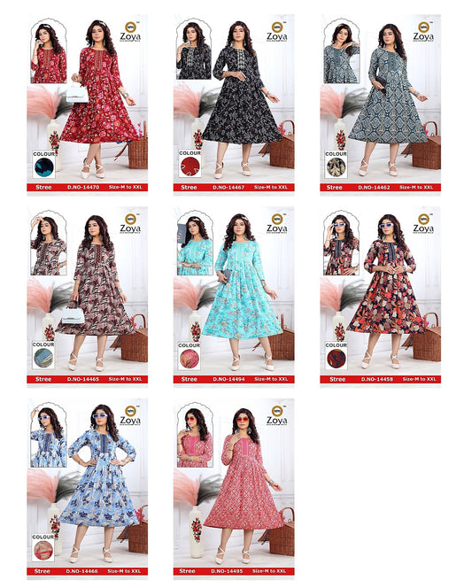 Stree Zoya Rayon Foil Anarkali Kurtis Supplier