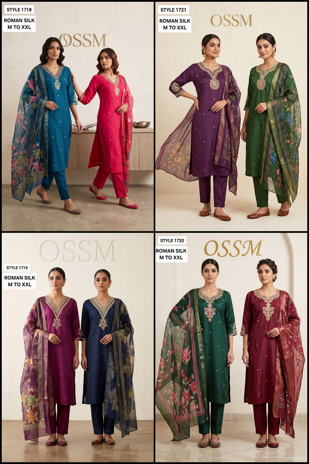 Style 1718-1721 Ossm Roman Silk Readymade Pant Style Suits Exporter Ahmedabad
