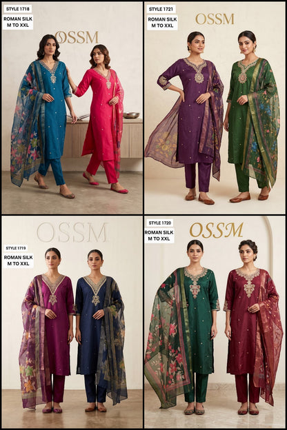Style 1718-1721 Ossm Roman Silk Readymade Pant Style Suits Exporter Ahmedabad