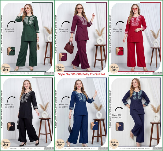 Style No 001-006 Belly Rayon 24Kg Co Ord Set Wholesale Rate
