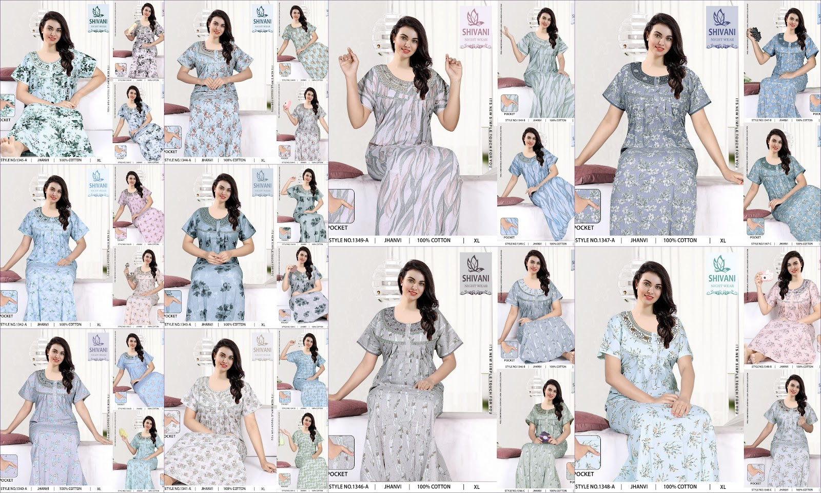 Style No 1340-1349 Jhanvi Shivani Cotton Night Gowns Exporter India