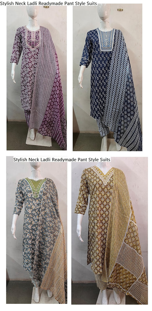 Stylish Neck Ladli Cotton Cambric Readymade Pant Style Suits Supplier India