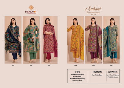 Suhani Vol 1 Stitch With Lining Suryajyoti Modal Silk Readymade Pant Style Suits Wholesaler Gujarat