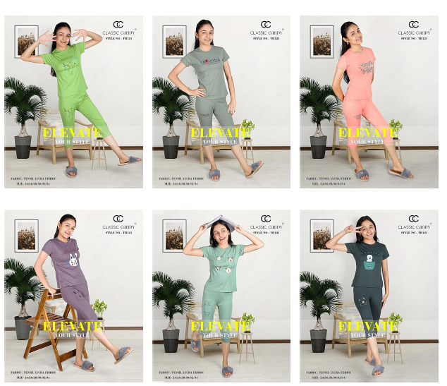 Th 121 Classic Candy Tencil Lycra Girls Capri Night Suits