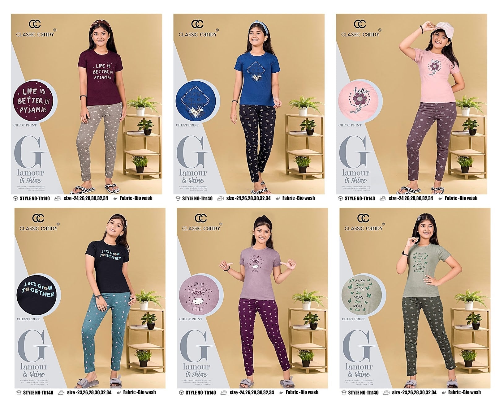 Th 140 Classic Candy Cotton Biowashed Girls Night Suits Exporter