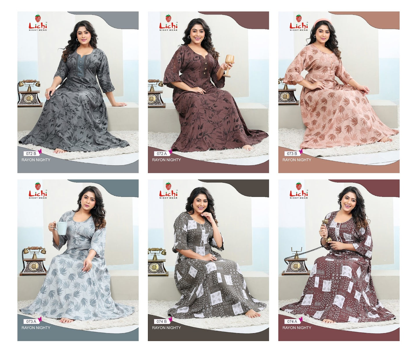 Three Fourth Sleeves Lichi Rayon Night Gowns Wholesale Rate