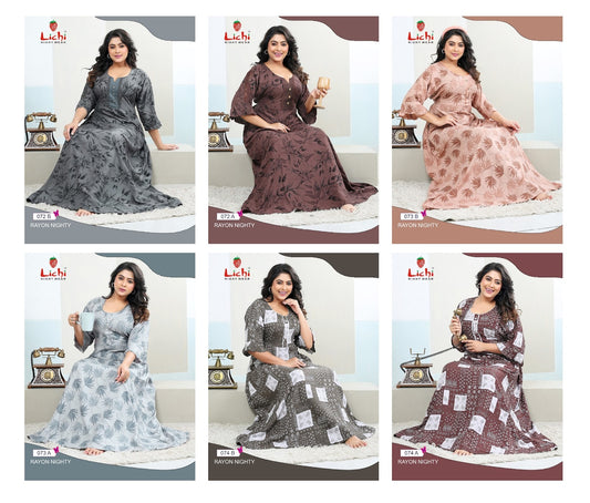 Three Fourth Sleeves Lichi Rayon Night Gowns Wholesale Rate