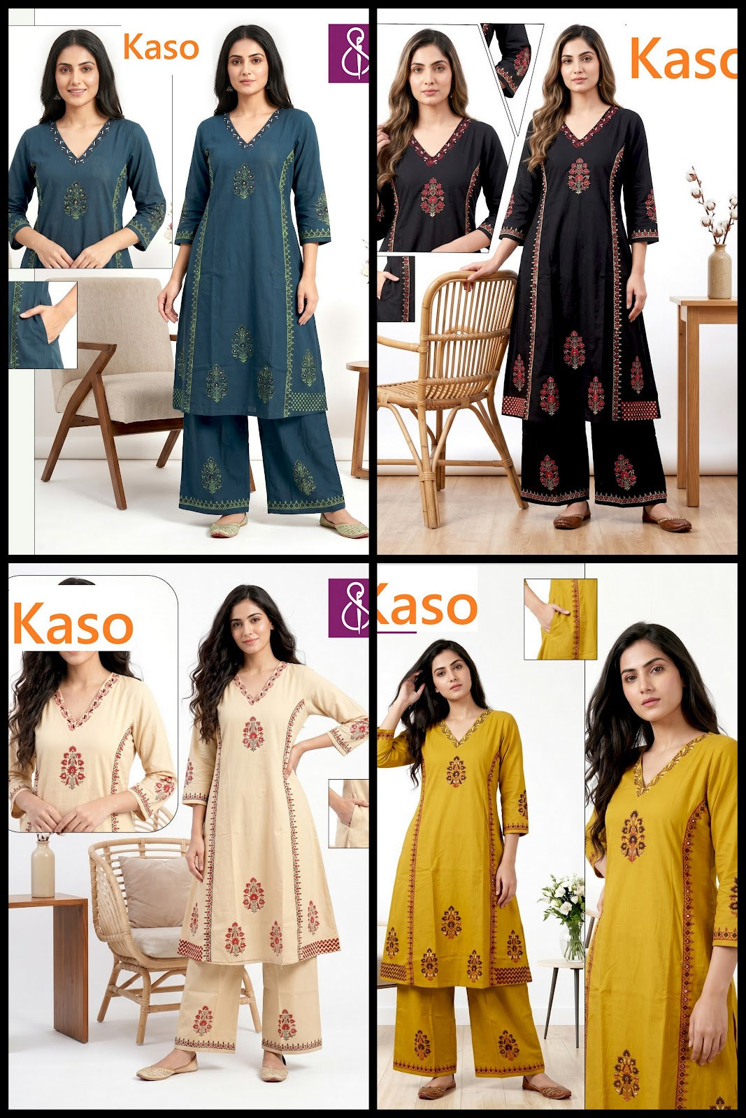 V-Neckline 0605 Kaso Dhabu Cotton Kurti Plazzo Set Exporter Gujarat