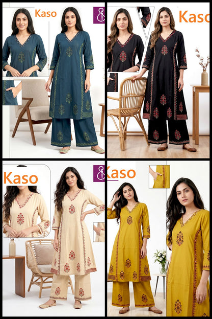 V-Neckline 0605 Kaso Dhabu Cotton Kurti Plazzo Set Exporter Gujarat
